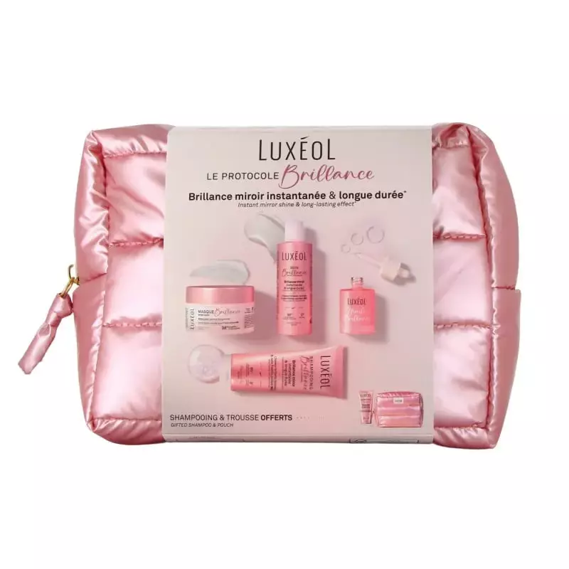 Luxéol Trousse Protocole Brillance packshot avec pochette rose matelassée, shampoing, masque, soin e