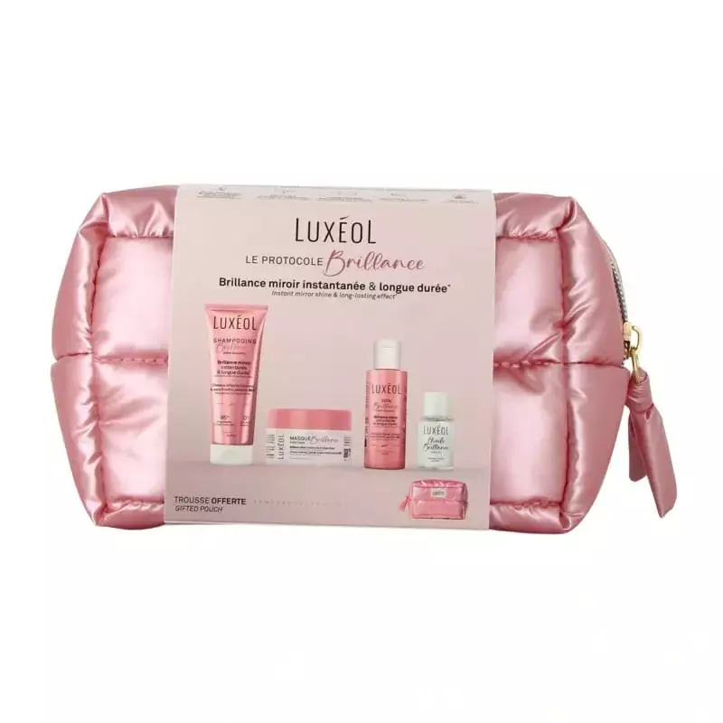 Présentoir cartonné Luxéol Trousse Protocole Brillance avec pochette rose et icônes produits shampoo
