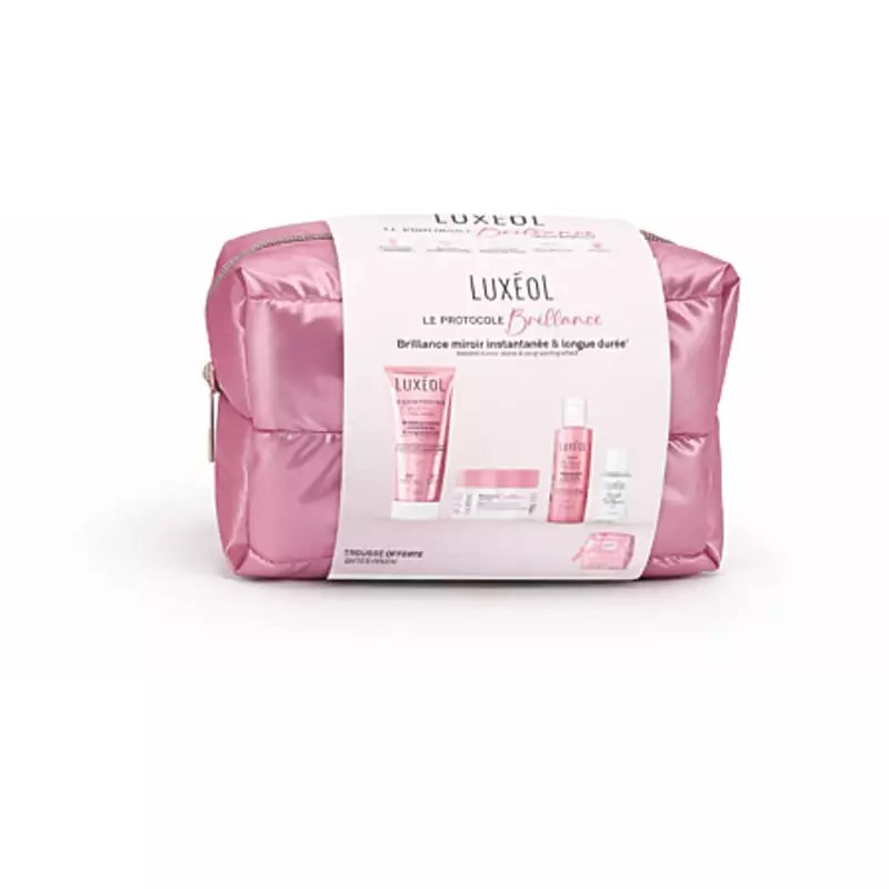 Vue lifestyle ambient de la trousse rose Luxéol Protocole Brillance avec shampooing, masque, soin et