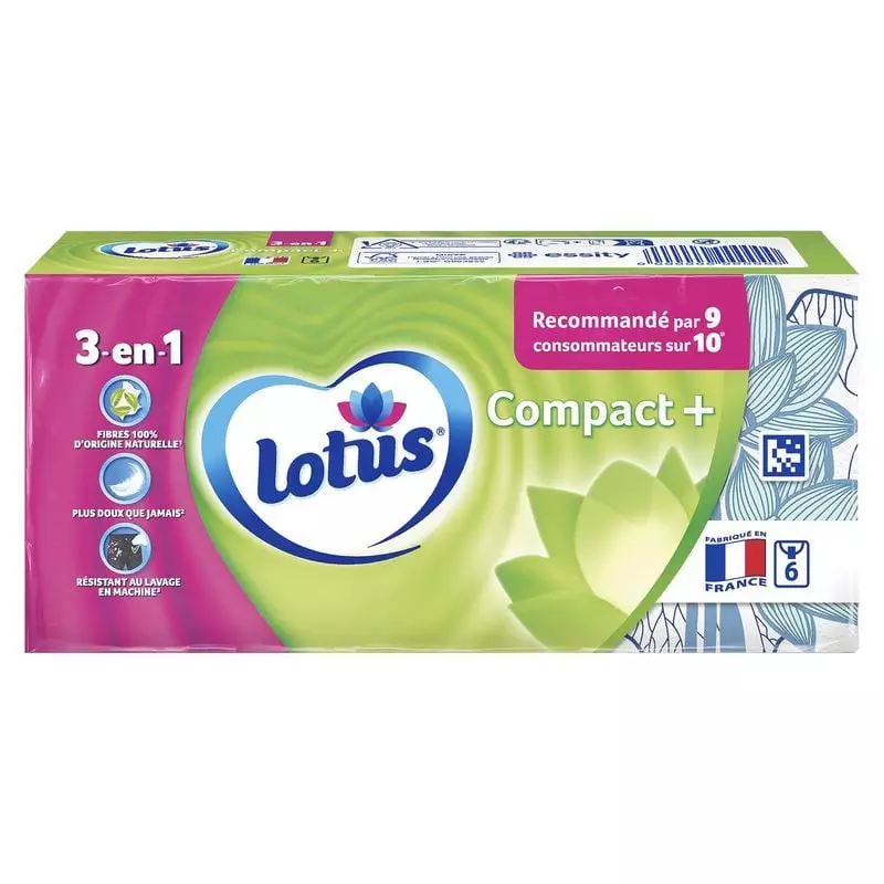 Mouchoirs de poche Lotus Compact+ 3 en 1, paquet de 6, 100 % fibres naturelles.