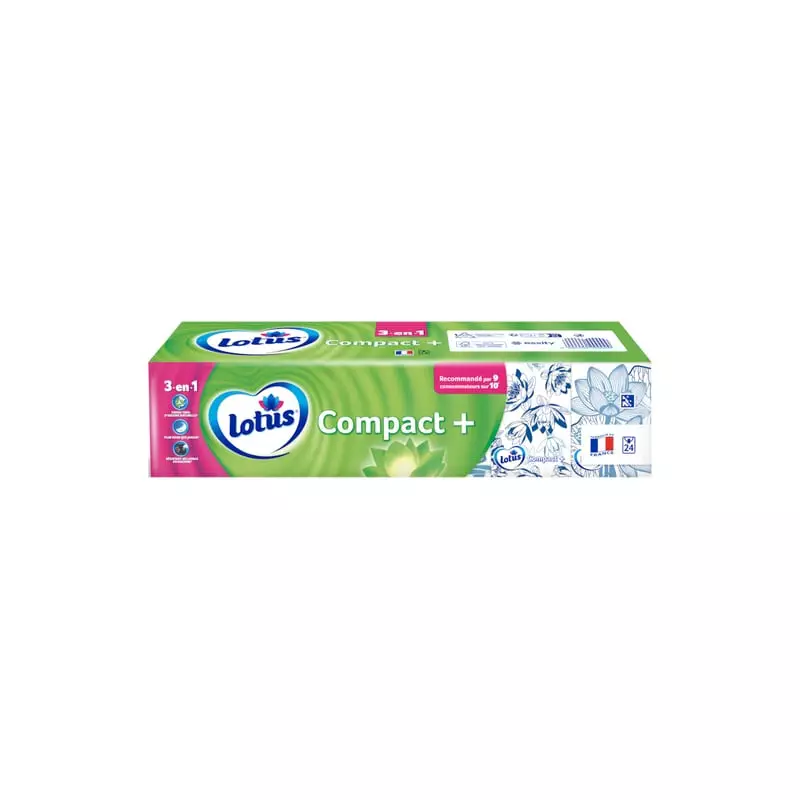 Lotus Compact+ 3-en-1 mouchoirs, avec 6 étuis hygiéniques de poche et branding fibres naturelles.