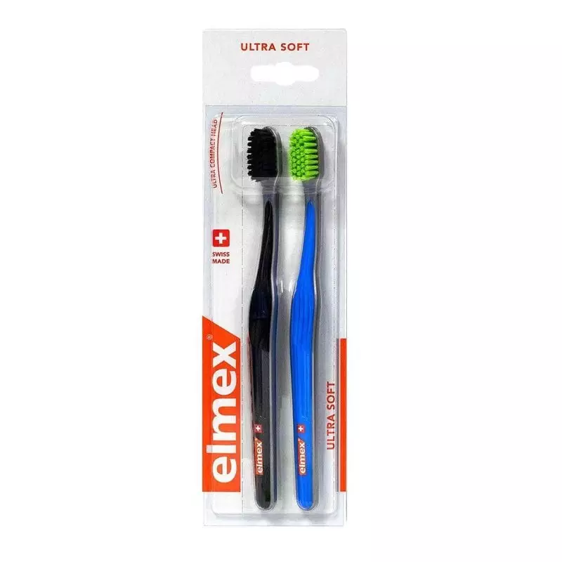 Lot de 2 brosses à dents Elmex Anti-Caries Ultra Soft manches noir et bleu, brins extra-fins noir et