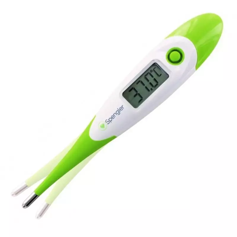 Gros plan sur le thermomètre digital Spengler Tempo 10 Flex vert, mettant en avant sa sonde flexible