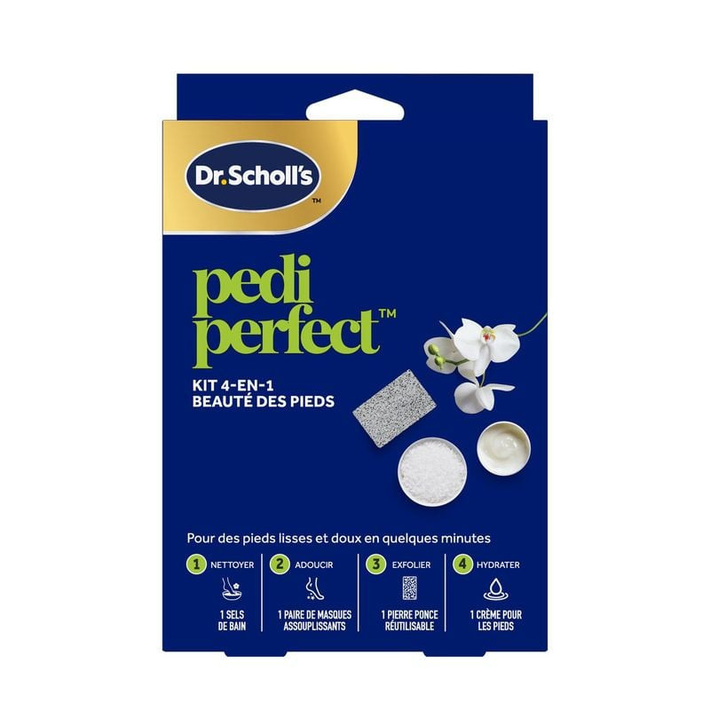 Packaging du kit beauté des pieds Scholl Pedi Perfect 4 en 1 montrant le système de pédicure complet