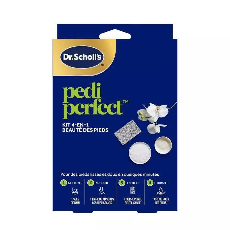 Packaging du kit beauté des pieds Scholl Pedi Perfect 4 en 1 montrant le système de pédicure complet