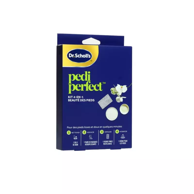 Composants du kit beauté des pieds Scholl Pedi Perfect 4-en-1 : sels de bain, masques, pierre ponce 