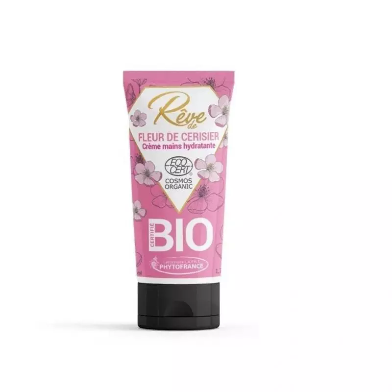 Packshot de la crème mains Phytofrance Rêve de fleur de cerisier, montrant un tube avec un motif de 