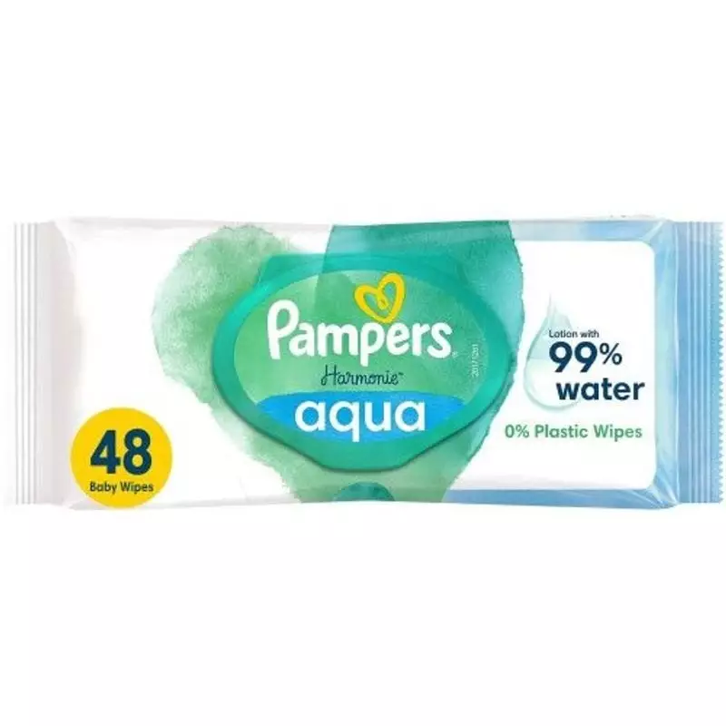 Visuel des lingettes Pampers Harmonie Aqua, formule à 99% d'eau.