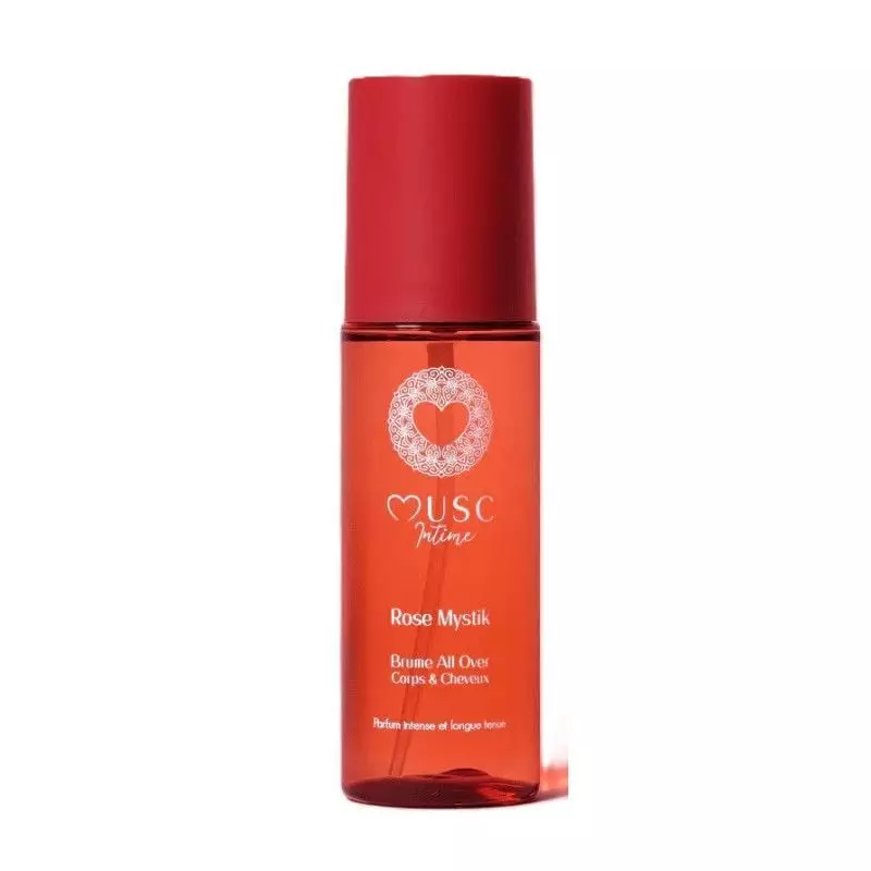 Packshot de la brume corps et cheveux Musc Intime Rose Mystik 100 ml sur fond blanc