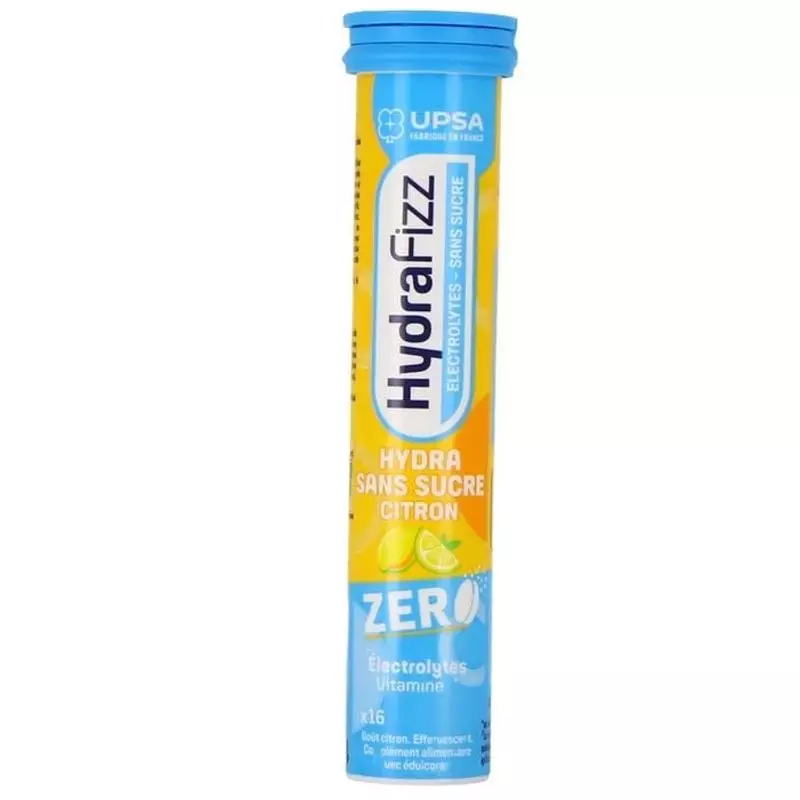 Packshot de la boîte de comprimés effervescents HydraFizz Citron sans sucre, saveur citron.