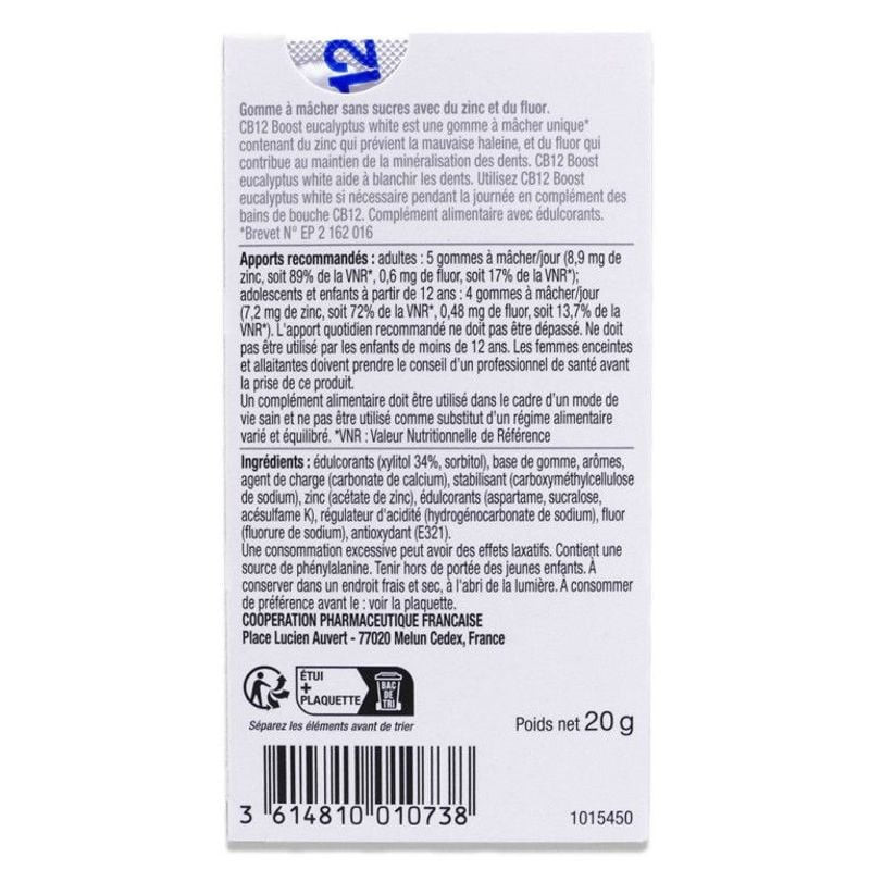 Paquet de gommes à mâcher sans sucre CB12 Boost à l'eucalyptus blanc, technologie double couche pour