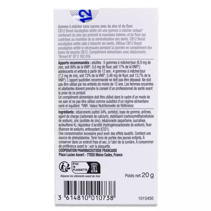 Paquet de gommes à mâcher sans sucre CB12 Boost à l'eucalyptus blanc, technologie double couche pour