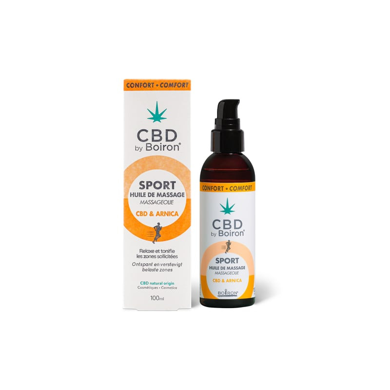 Huile de massage sport CBD Boiron en flacon pompe 100ml sur fond blanc