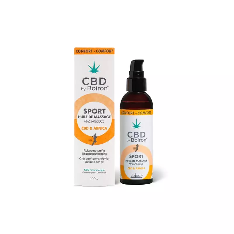 Huile de massage sport CBD Boiron en flacon pompe 100ml sur fond blanc