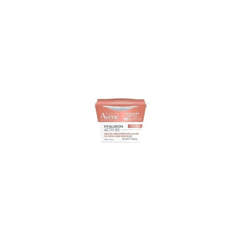 Tube recharge gel-crème Avène Hyaluron Activ B3 avec étiquetage visible et mise en avant des ingrédi