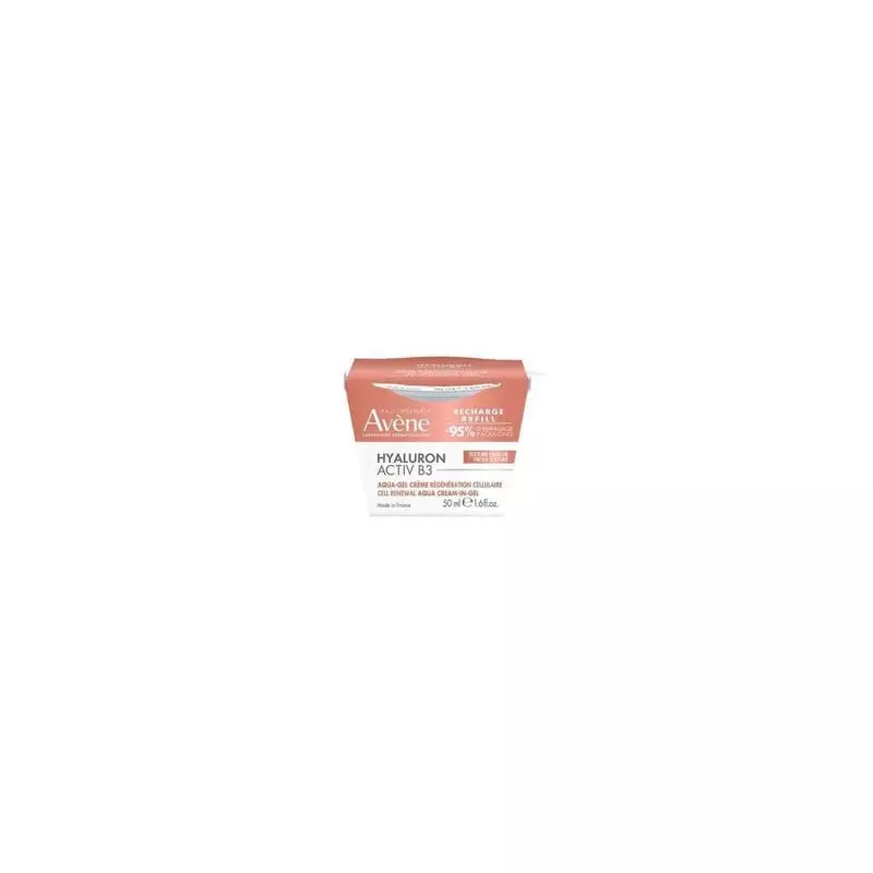 Tube recharge gel-crème Avène Hyaluron Activ B3 avec étiquetage visible et mise en avant des ingrédi
