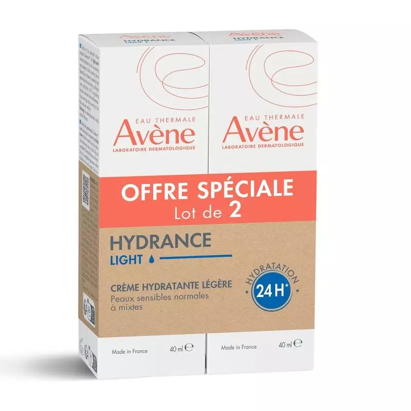 Avène Hydrance Légère Émulsion Hydratante, duo de deux tubes de 40 ml, vue de face.
