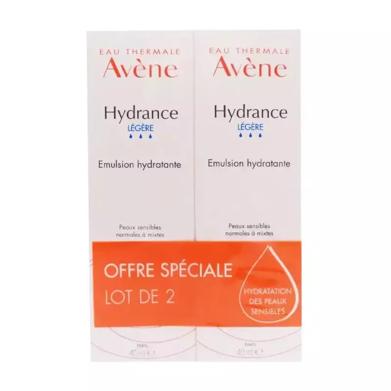 Pack duo Avène Hydrance Légère Émulsion Hydratante, vue arrière montrant les détails et ingrédients 