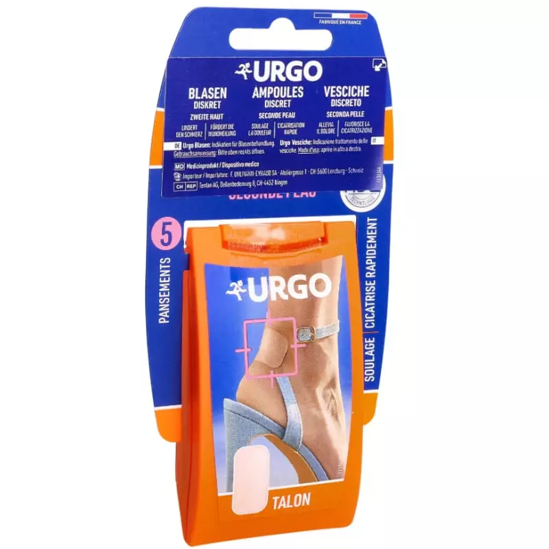 Packshot des pansements Urgo Ampoules Discret pour talon, mettant en avant la protection discrète.