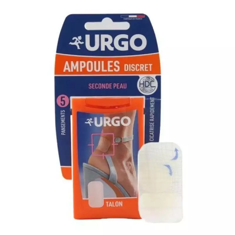 Packshot des pansements stériles Urgo Ampoules Discret pour talon, boîte bleue et blanche.