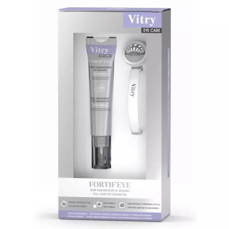 Vitry Fortif'Eye + Cryo-Applicateur 15ml - packshot avec applicateur cryo et flacon de soin contour 