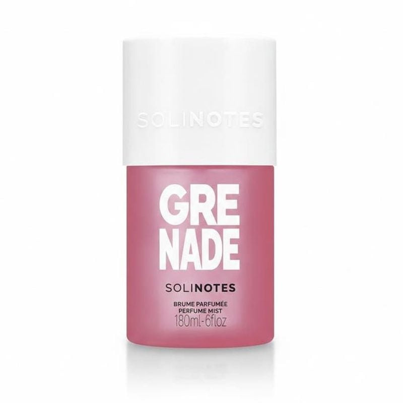 Flacon de brume parfumée Solinotes Grenade 180ml avec motif fruité sur fond blanc