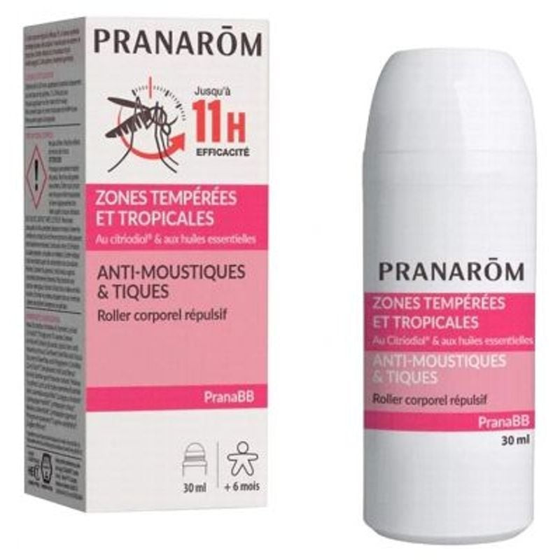 Packshot du roller Pranarôm PranaBB Anti-Moustiques & Tiques 30ml, flacon vert et blanc sur fond neu