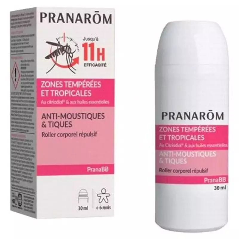 Packshot du roller Pranarôm PranaBB Anti-Moustiques & Tiques 30ml, flacon vert et blanc sur fond neu