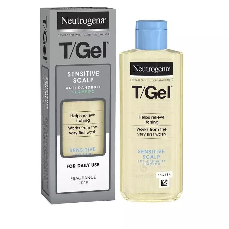 Flacon Neutrogena T/Gel Sensitive vu de face : blanc et bleu, bouchon violet, conçu pour les cuirs c