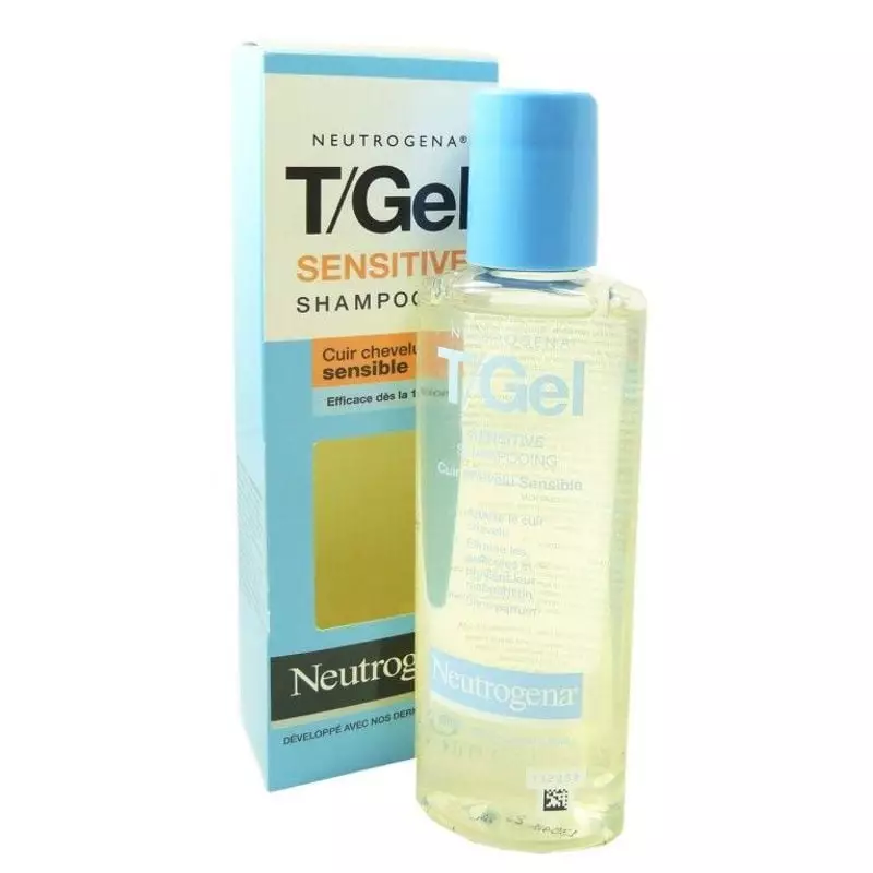 Vue arrière du flacon de shampooing Neutrogena T/Gel Sensible montrant les informations produit et l