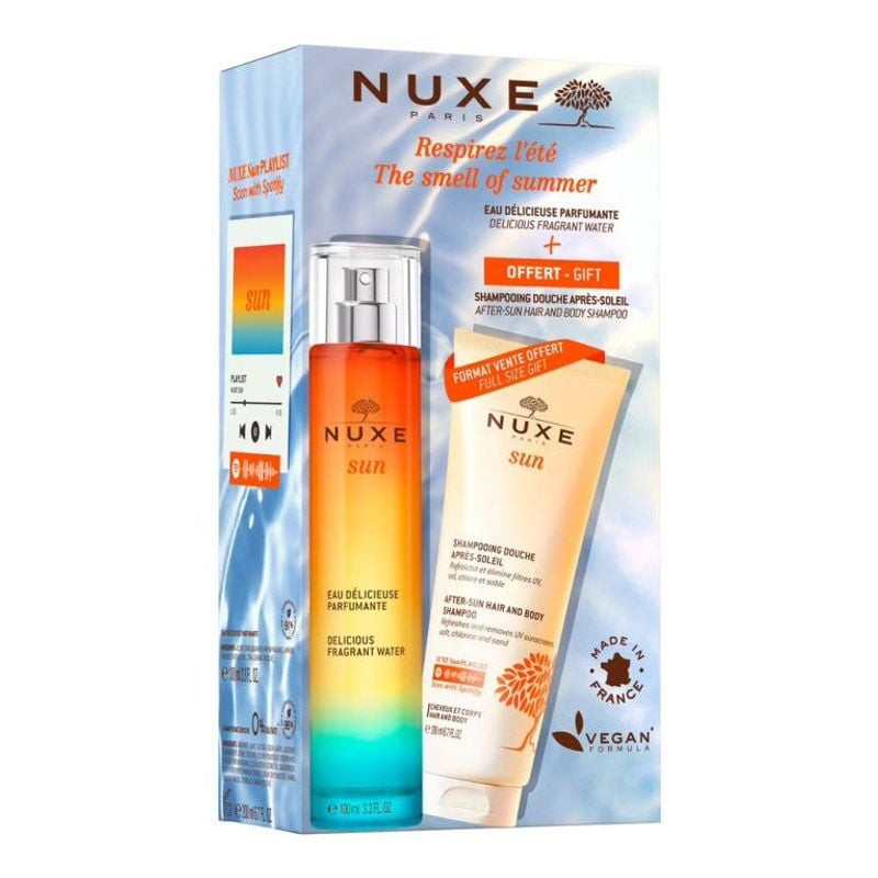 Duo Nuxe Soleil : flacons d'Eau Délicieuse Parfumante 100 ml et Shampoing Douche Après-Soleil 200 ml