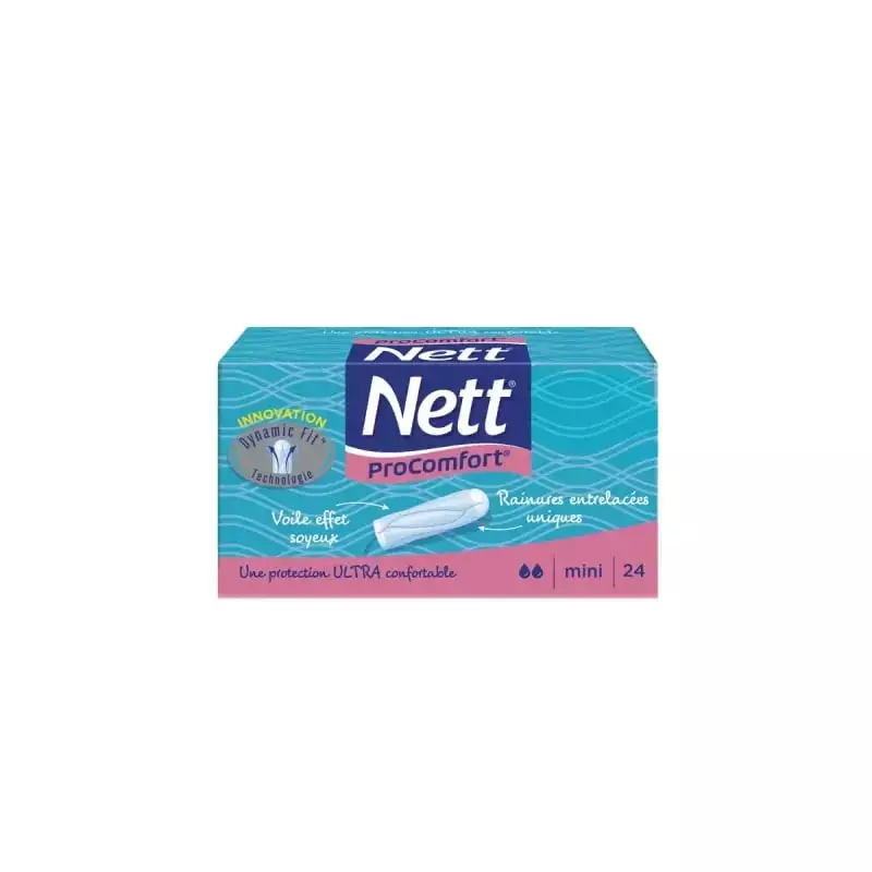 Packshot de la boîte de tampons NETT PROCOMFORT Mini, conçu pour les débutantes avec flux léger à mo
