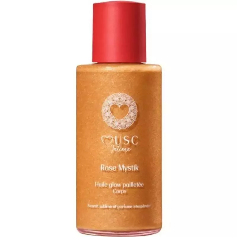 Packshot de l'Huile Glow Pailletée Rose Mystik de Musc Intime en flacon de 100 ml