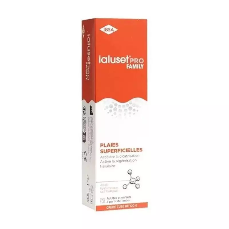 Packshot de la crème cicatrisante IBSA Ialuset Pro Family, un tube à l'acide hyaluronique pour la ré