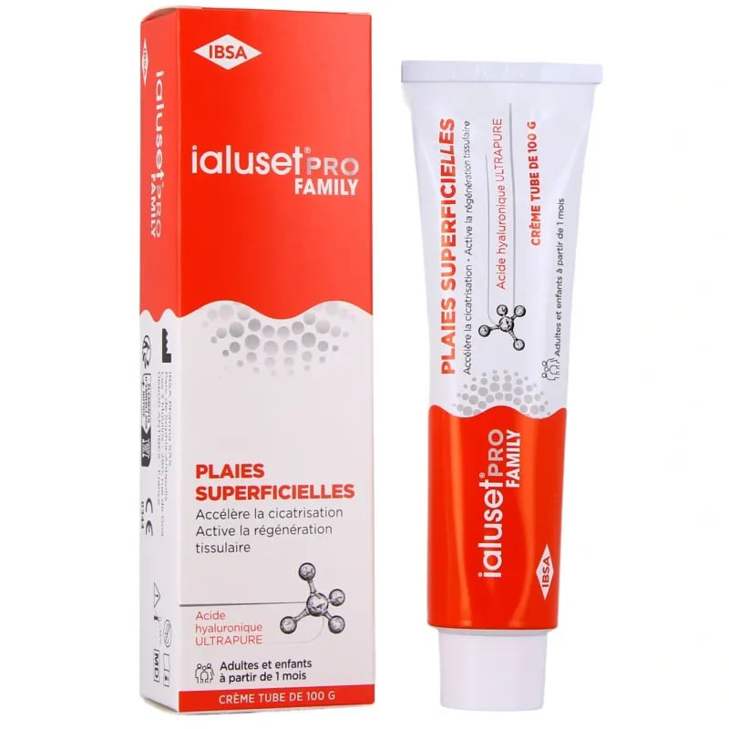Tube de crème Ialuset Pro Family à l'acide hyaluronique pour la cicatrisation des plaies et la réduc