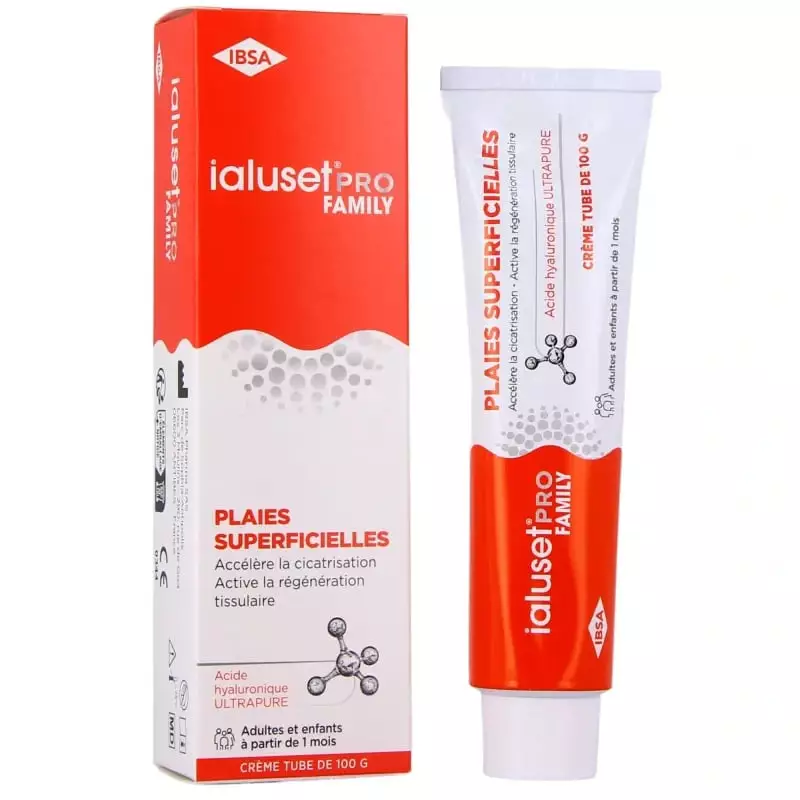 Tube de crème Ialuset Pro Family à l'acide hyaluronique pour la cicatrisation des plaies et la réduc