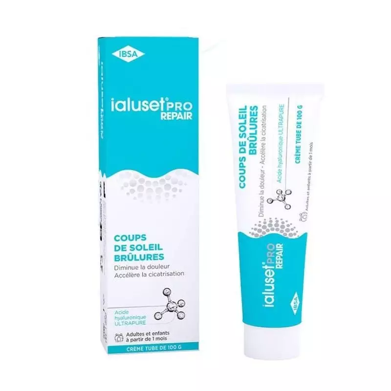 Emballage du tube de crème Ialuset Pro Repair par IBSA, avec acide hyaluronique pour la cicatrisatio