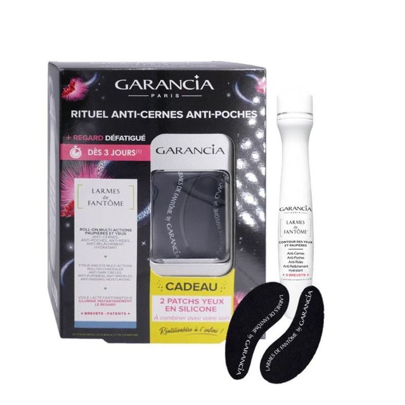 Gros plan sur l'applicateur roll-on Garancia Larmes de Fantôme avec bille métallique et patchs ocula