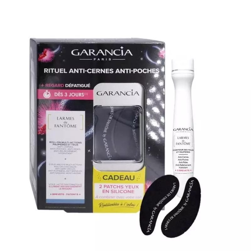 Gros plan sur l'applicateur roll-on Garancia Larmes de Fantôme avec bille métallique et patchs ocula