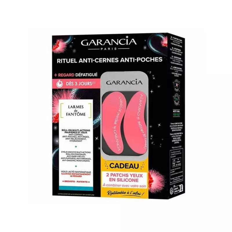 Coffret contour des yeux Garancia Larmes de Fantôme en emballage bleu avec roll-on et deux patchs en