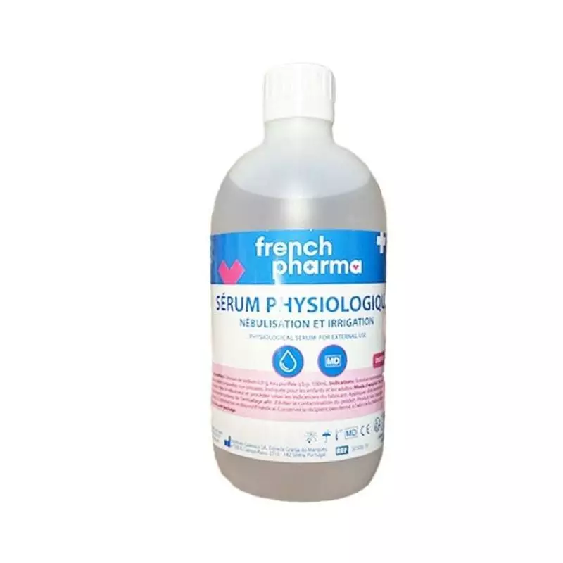Sérum Physiologique French Pharma 500ml, bouteille transparente, étiquette bleue, solution saline is