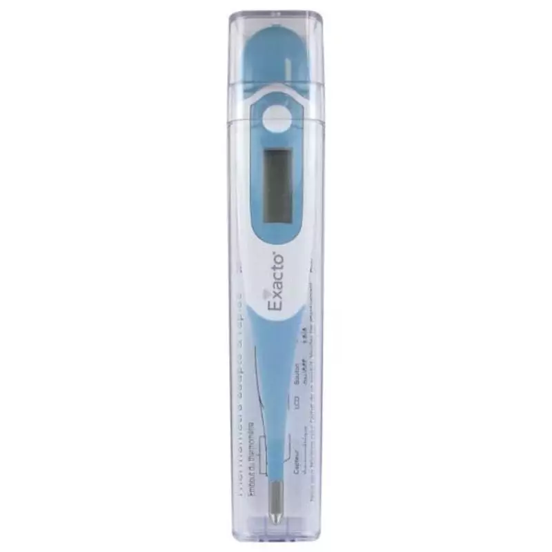 Thermomètre flexible Biosynex Exacto 1409816 avec écran LCD et embout flexible sur fond blanc.