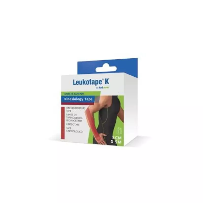 Rouleau de ruban kinésiologique Actimove Leukotape K sur fond blanc, montrant le tissu élastique et 