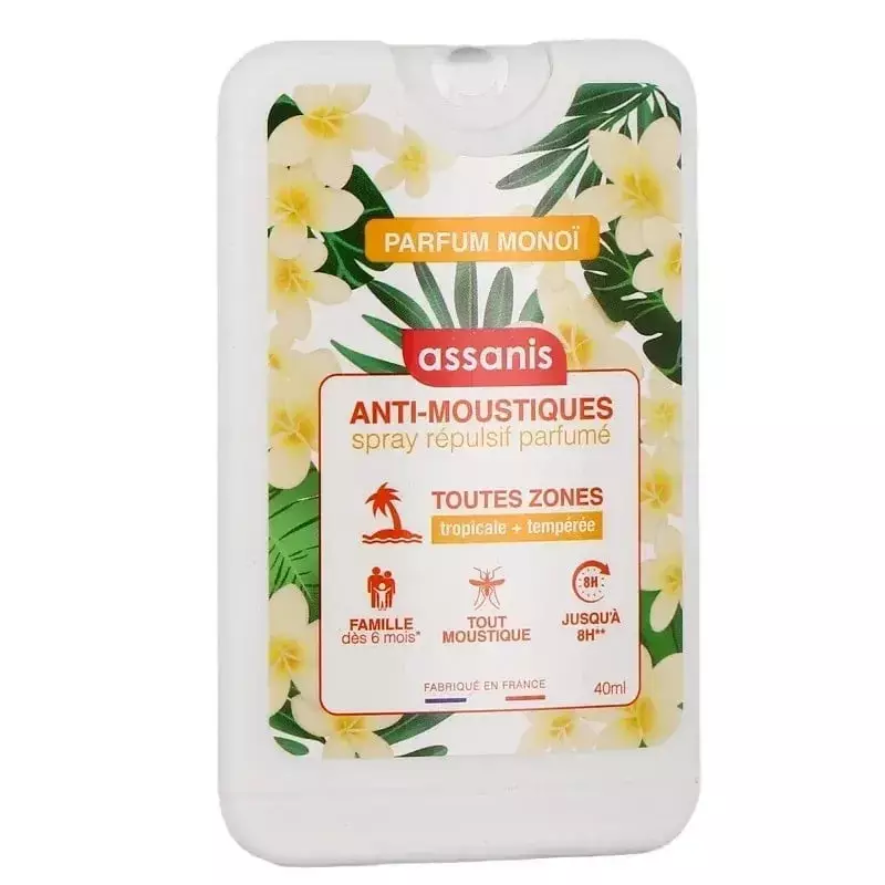 Packshot du spray anti-moustiques Assanis Monoï 40ml montrant une bouteille blanche compacte avec un