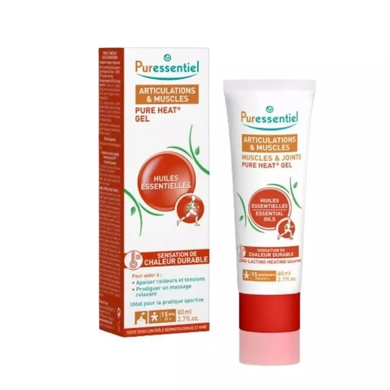 Packshot du gel Puressentiel Articulations et Muscles Pure Heat, dos du tube avec instructions et bi