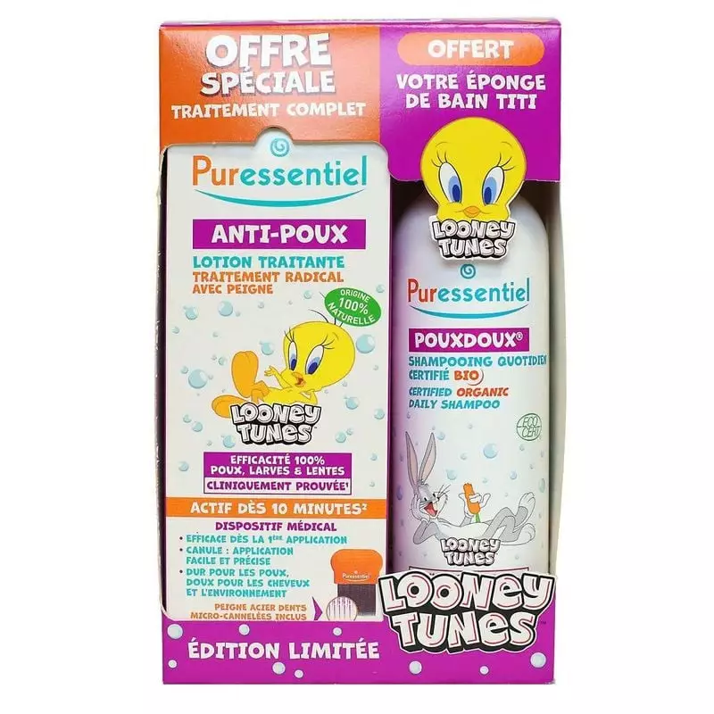 Packshot du kit anti-poux Puressentiel avec le design Looney Tunes, montrant la lotion et le shampoi
