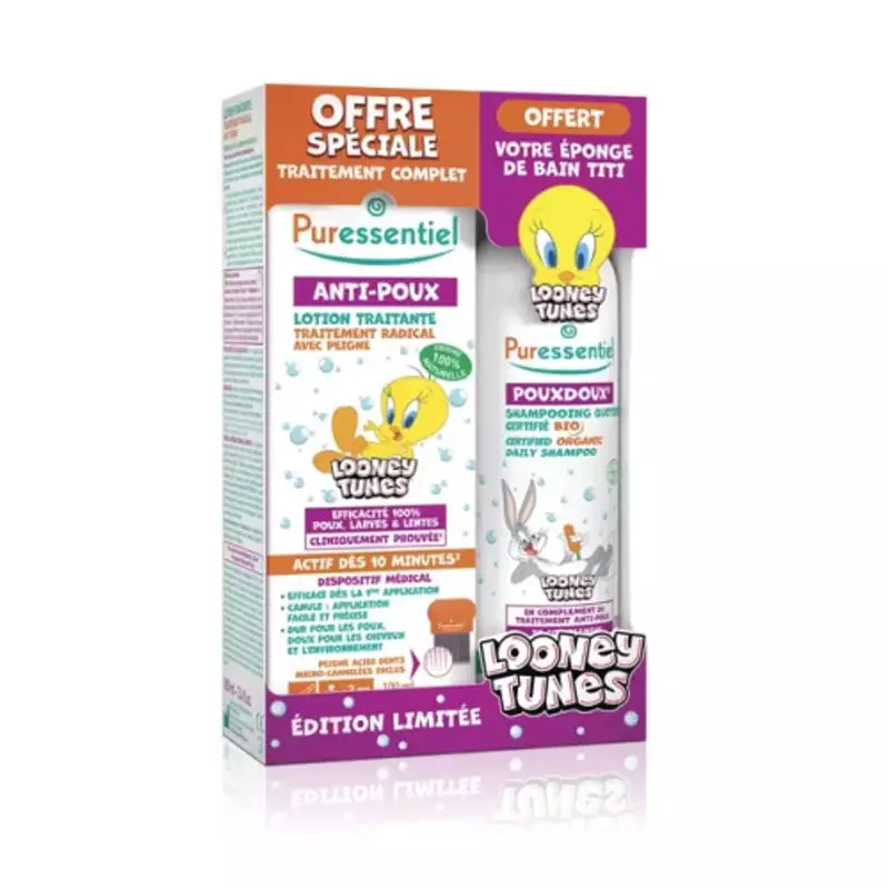 Packshot en gros plan de la lotion et du shampoing anti-poux Puressentiel avec les personnages Loone
