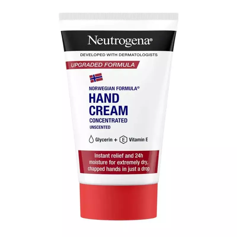 Emballage tube de la Crème Mains Concentrée Neutrogena sans parfum pour peaux sèches et sensibles.