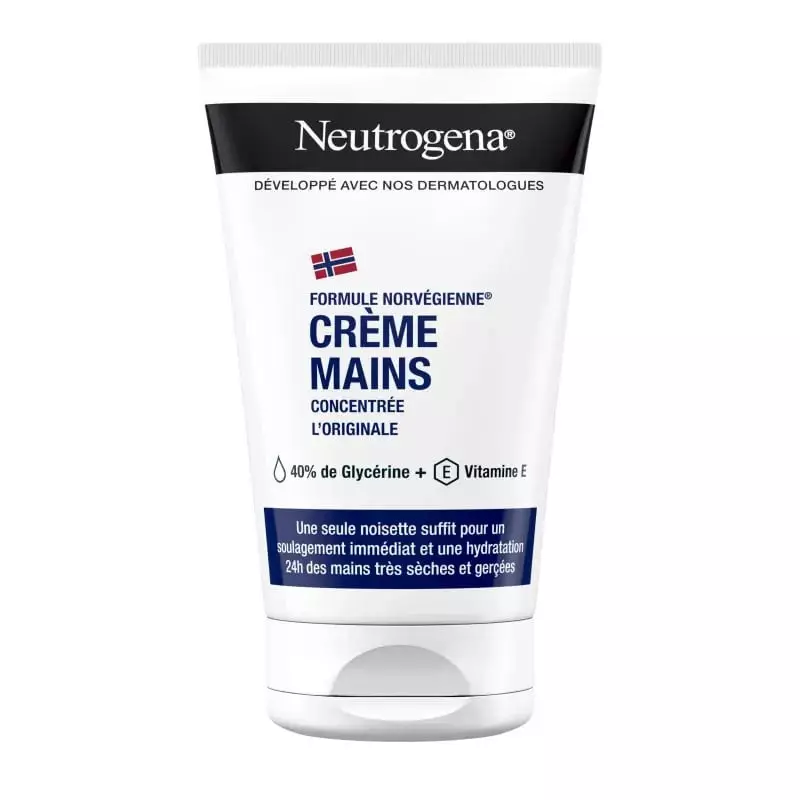 Tube de crème mains concentrée Neutrogena 1451364 à 40% glycérine sur fond blanc