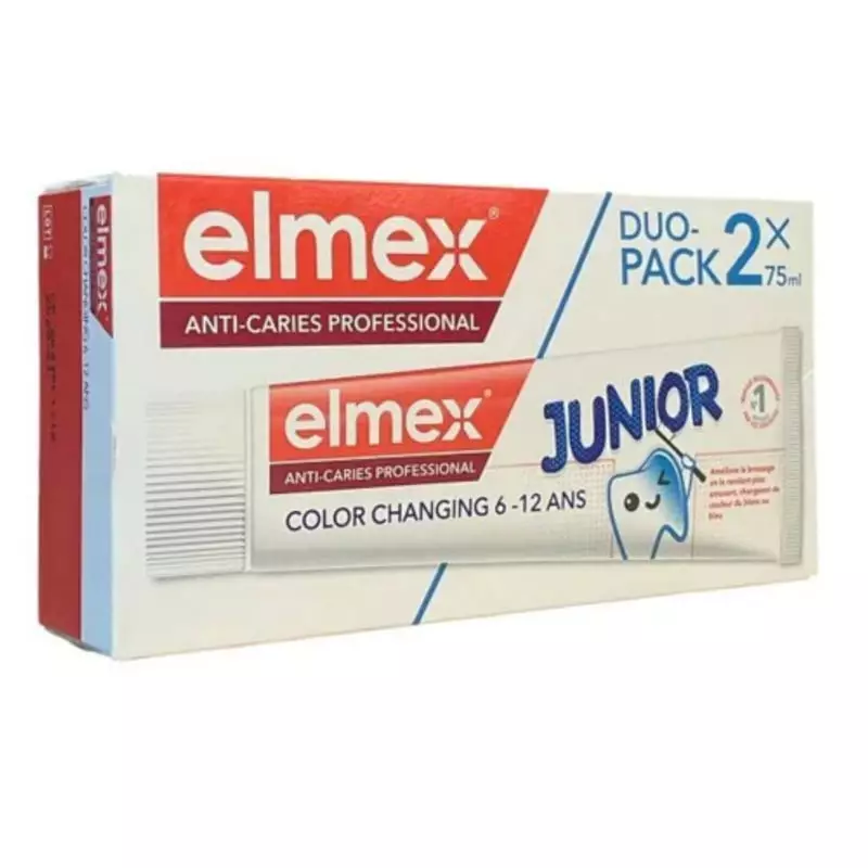 Packshot du tube de dentifrice Elmex Junior Color Changing pour enfants de 6 à 12 ans, avec changeme